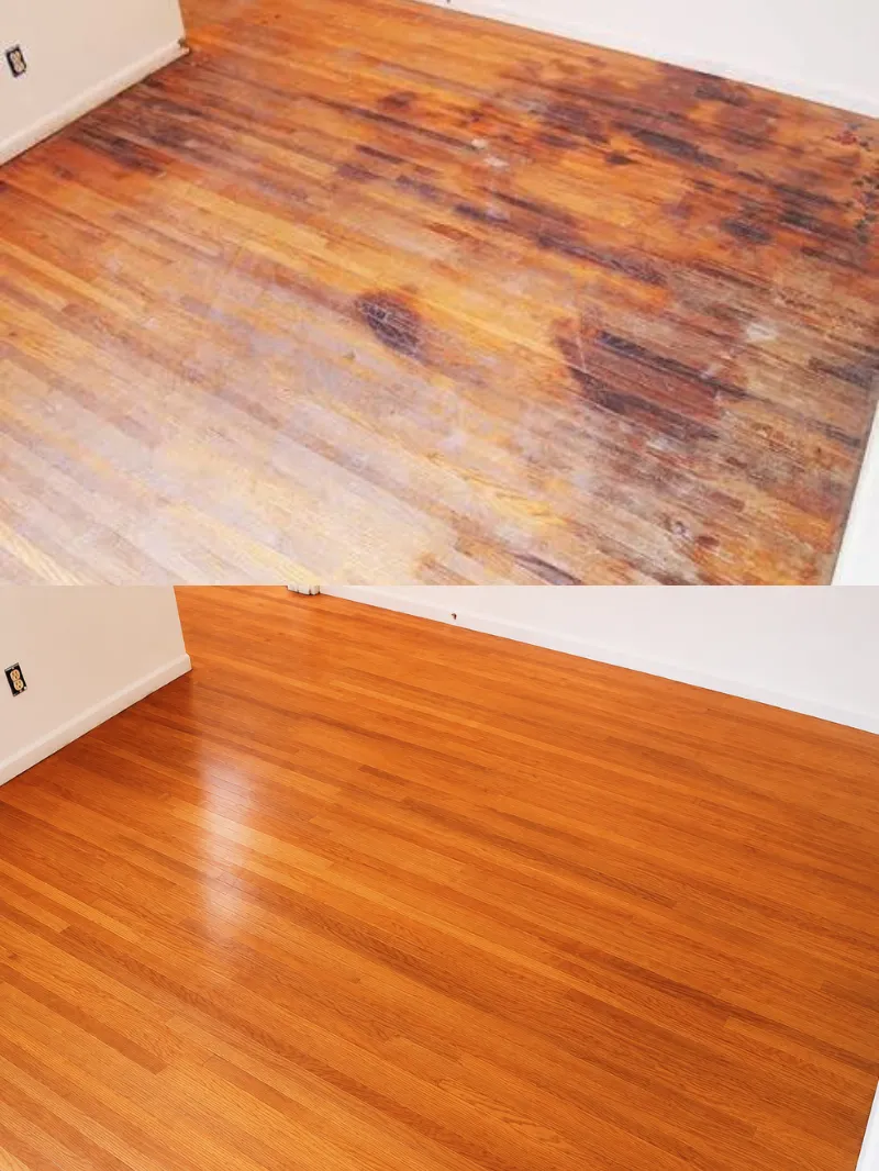 Dark pet stain on a hardwood floor