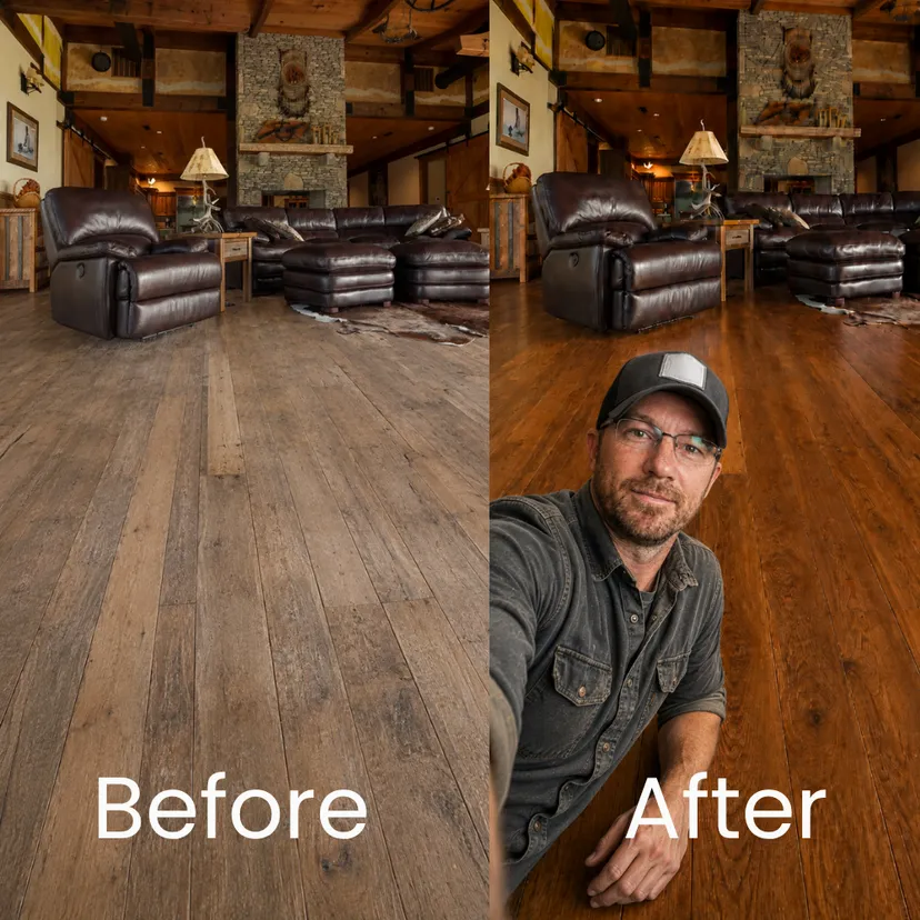Before and after restoration example from a 150-year-old hardwood floor in Texas